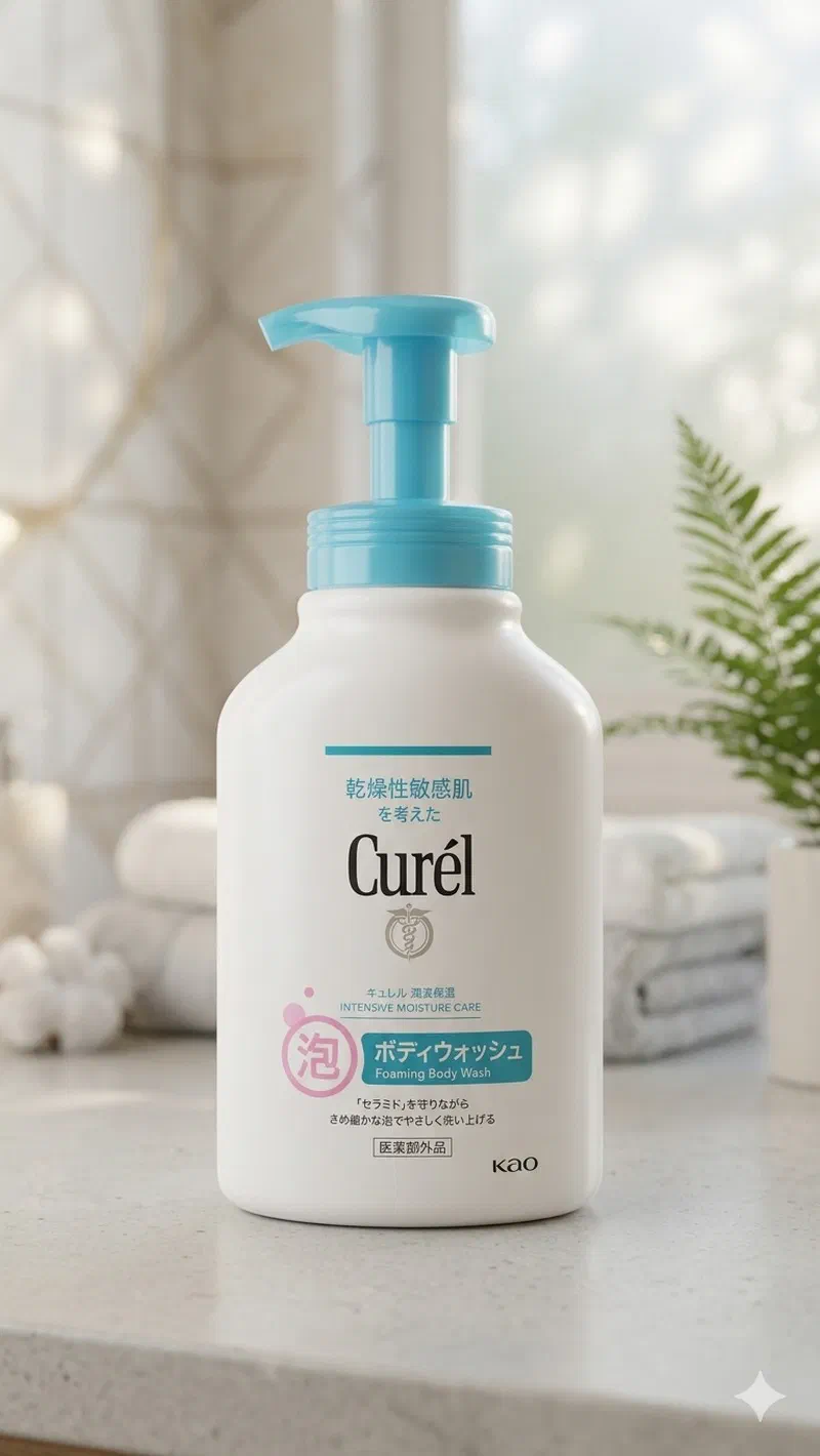 清潔感のあるバスルームのカウンターに置かれたキュレル泡ボディウォッシュ。水色のポンプヘッドが目を引く白いボトルが、やわらかくぼけた光の中に佇んでいる
