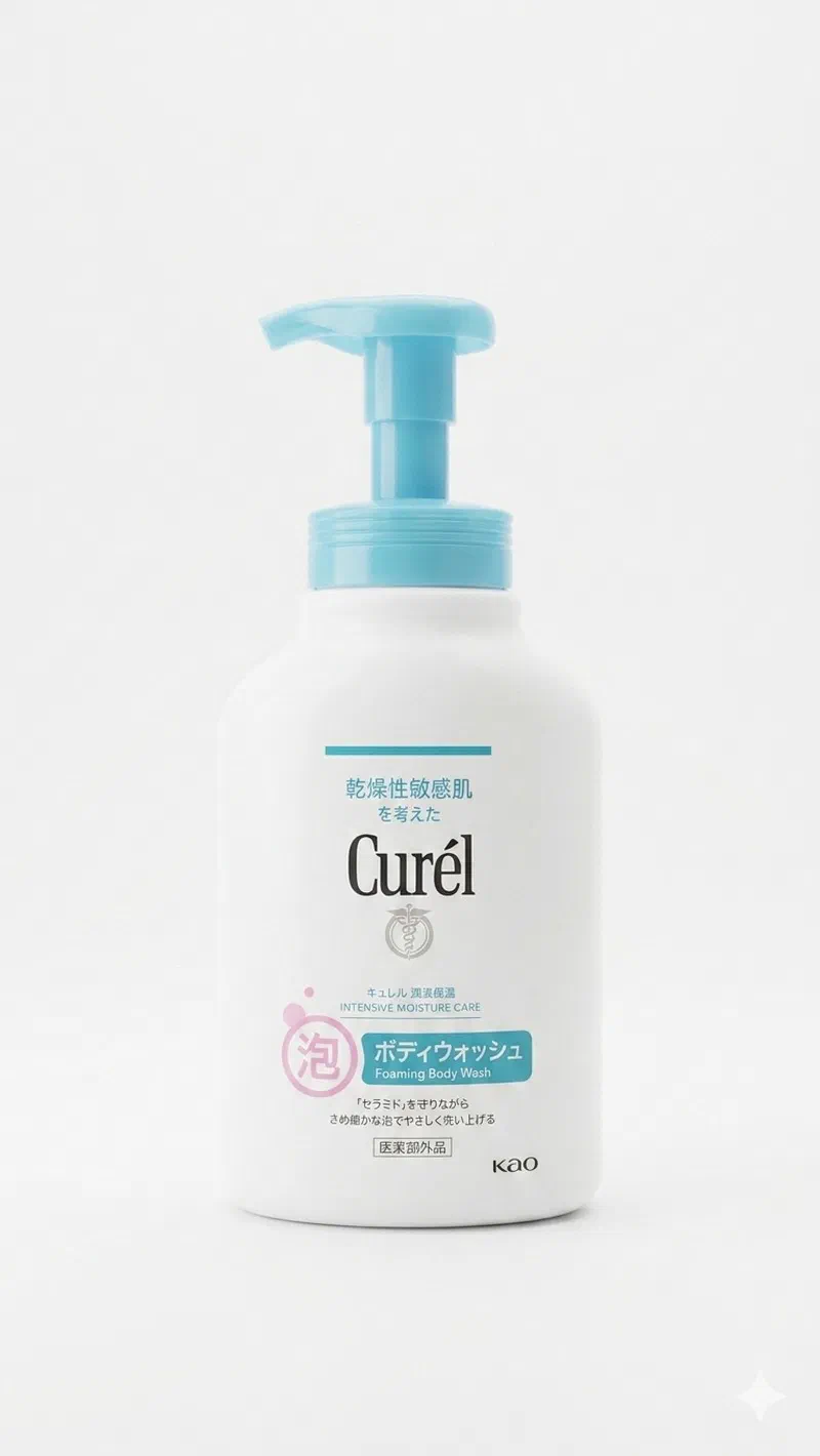 白い背景に置かれたキュレル泡ボディウォッシュの正面写真。「乾燥性敏感肌を考えた」「ボディウォッシュ Foaming Body Wash」の文字が読み取れる、水色ポンプヘッドの白いボトル