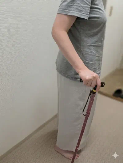 同じ杖を79cm（最短）に調節した時のイメージ。肘が曲がる高さ