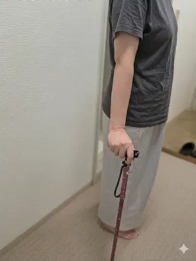 168cmの私が89cmの杖を持った時のイメージ。腕がすっと伸びるくらいの高さ