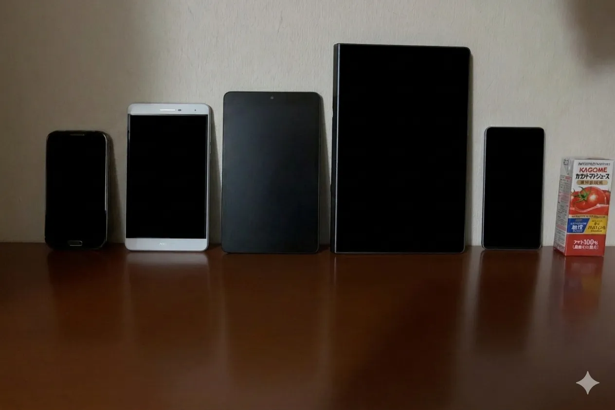 歴代のスマホ・タブレットの大きさ比較。左から Galaxy Note II、HUAWEI MediaPad T1 7.0、M5 lite 8、Lenovo Yoga Tab 11、Galaxy S26+