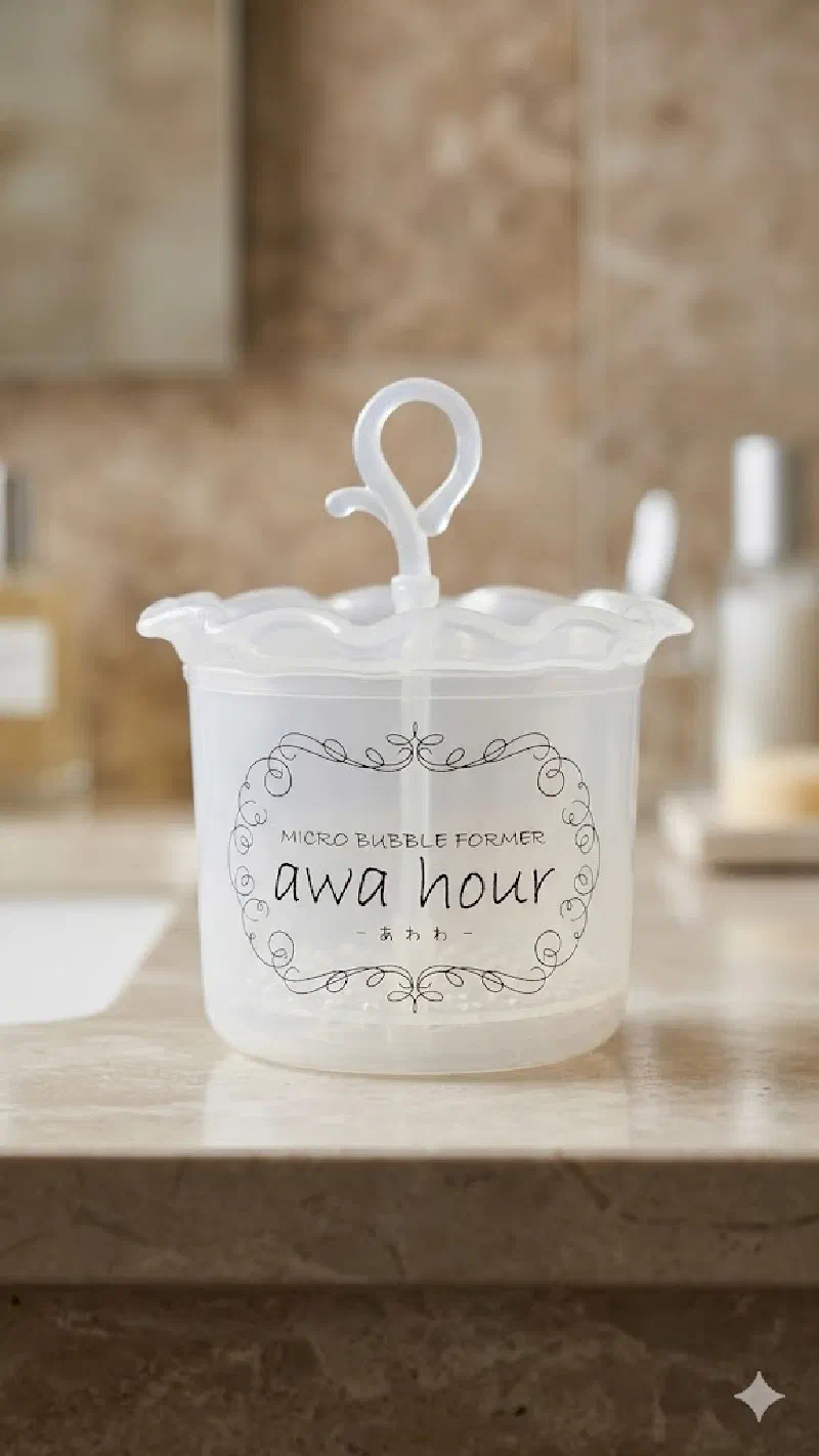 バスルームの棚に置かれた「あわわ（awa hour）」を使って泡立てているシーン。クリーミーで密度の高い白い泡が手のひらにたっぷり乗っている様子。シャワーの水蒸気が漂う浴室の背景