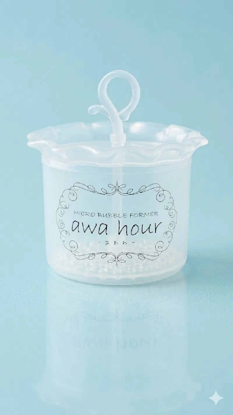 白い浴室のシェルフに置かれた泡立て器「あわわ（awa hour）」。透明感のある素材が清潔感を醸し出している。ボディソープのボトルと並んでいる