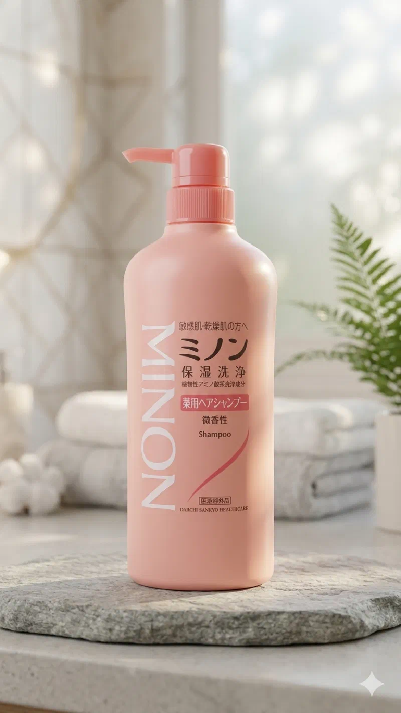 バスルームに置かれたミノン薬用ヘアシャンプー。やわらかな光の中に佇む白いボトル